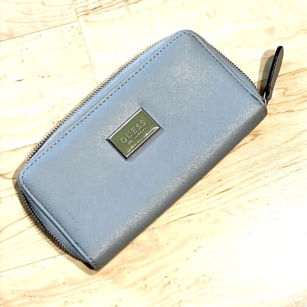 GUESS slate blue zip-around wallet, pre-owned
